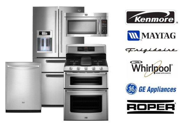 A refrigerator, oven, microwave and freezer, alongside the logos for Kenmore, Maytag, Frigidaire, Whirlpool, GE Appliances & Roper