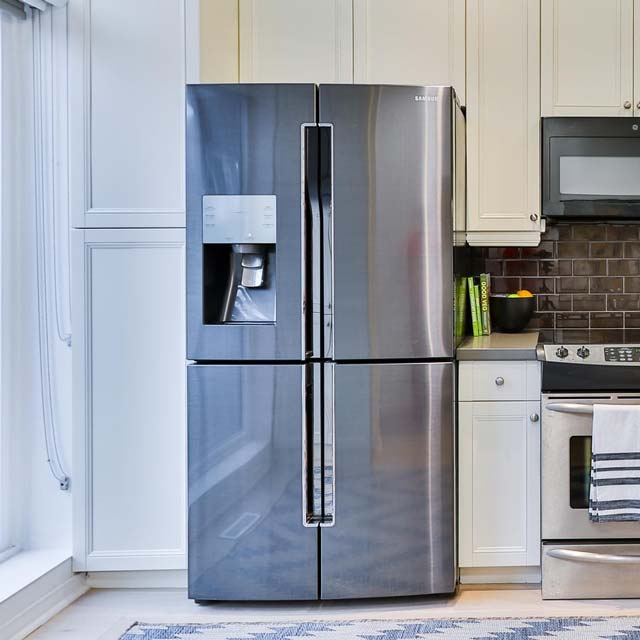 A stainless steel fridge